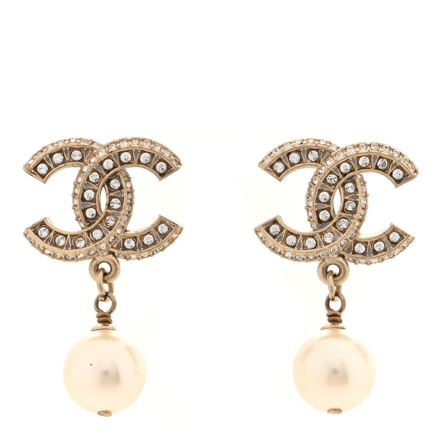 Chanel Crystal Pearl CC Drop Earrings Light Gold 1 of 4
