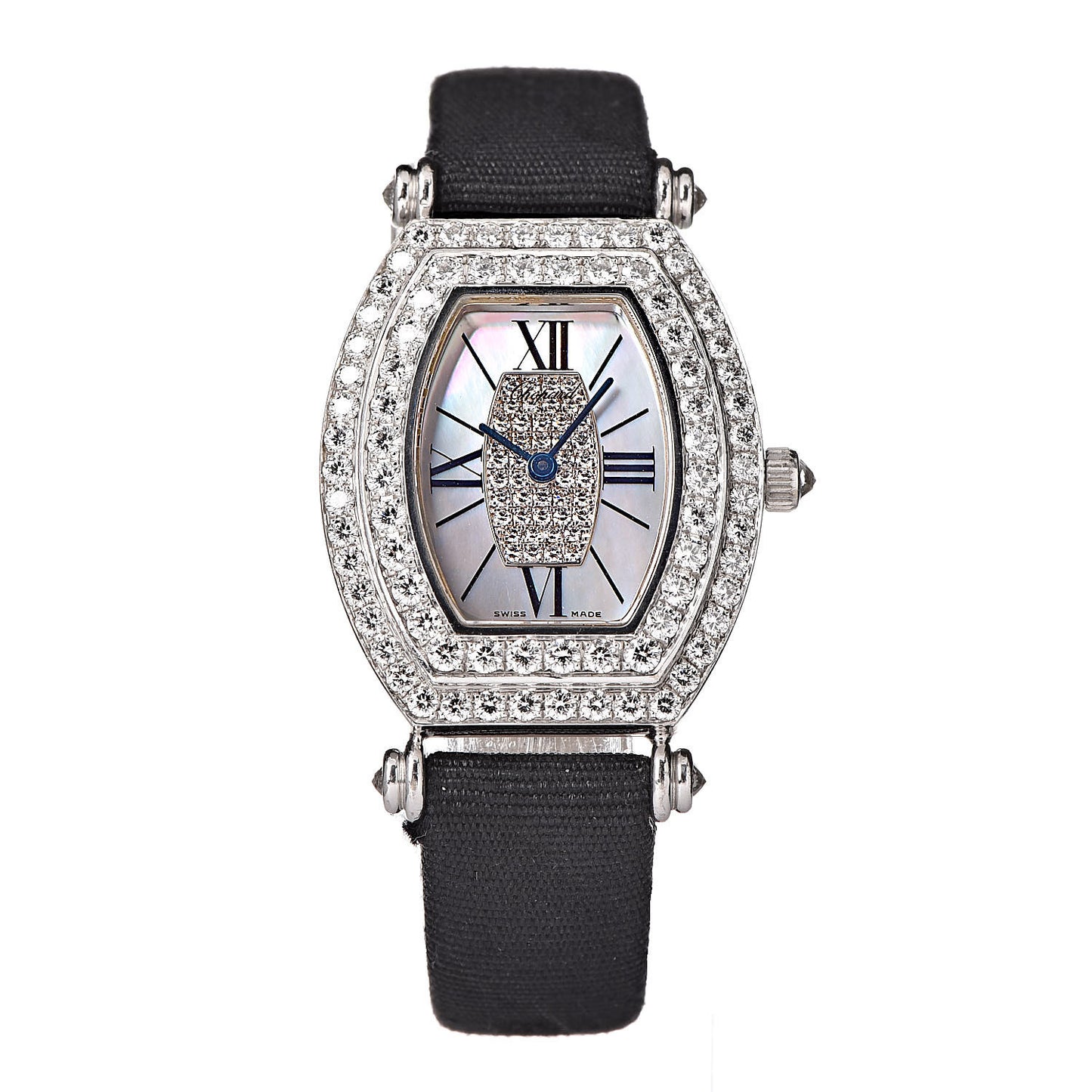18K White Gold Nylon Diamond Pave Bezel Mother of Pearl 23mm Classique Quartz Watch