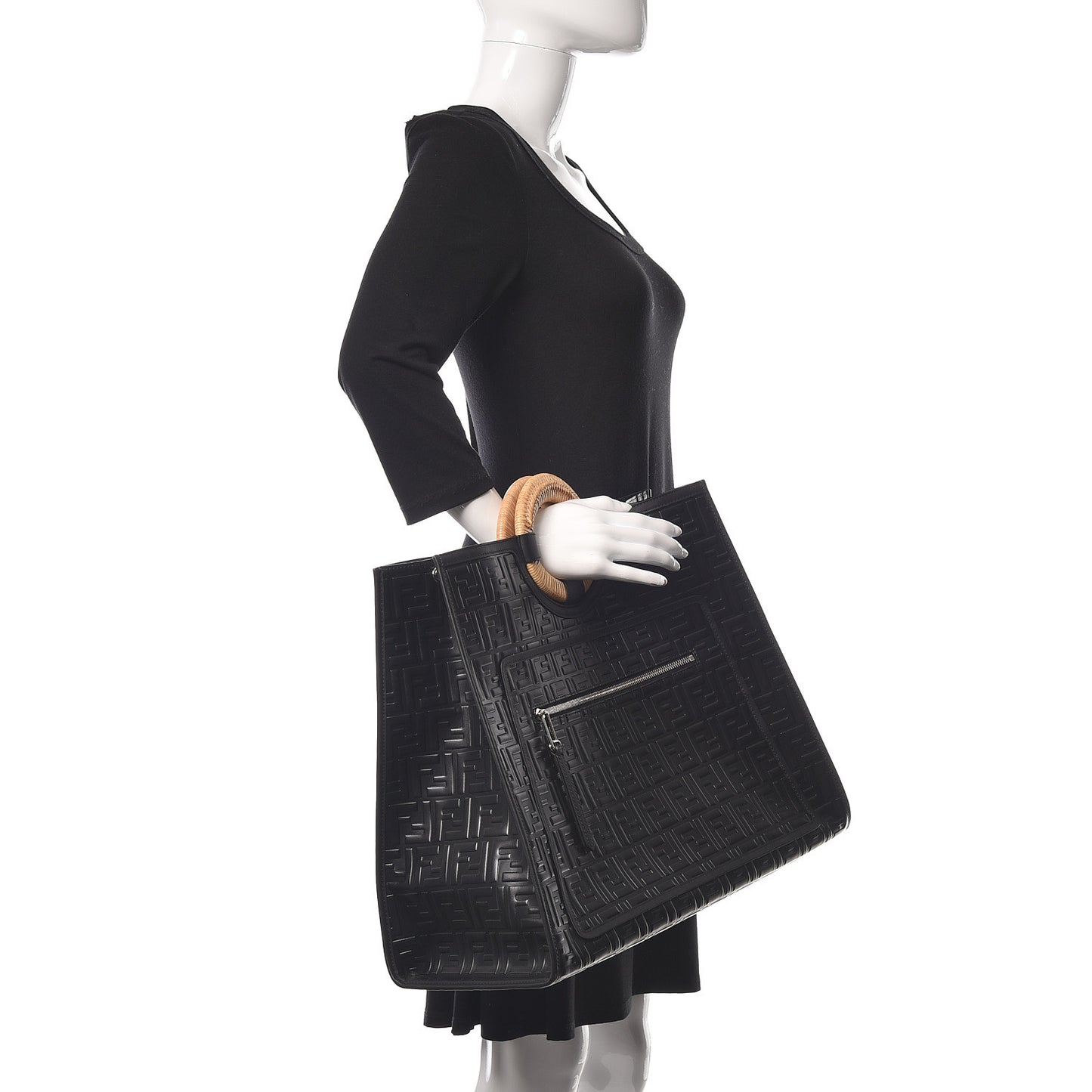 Vitello Century Wicker FF 1974 Embossed Large Runaway Shopper Tote Black