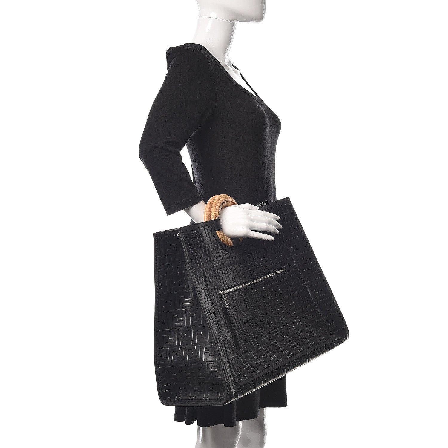 Fendi Vitello Century Wicker FF 1974 Embossed Large Runaway Shopper Tote Black 2 of 14