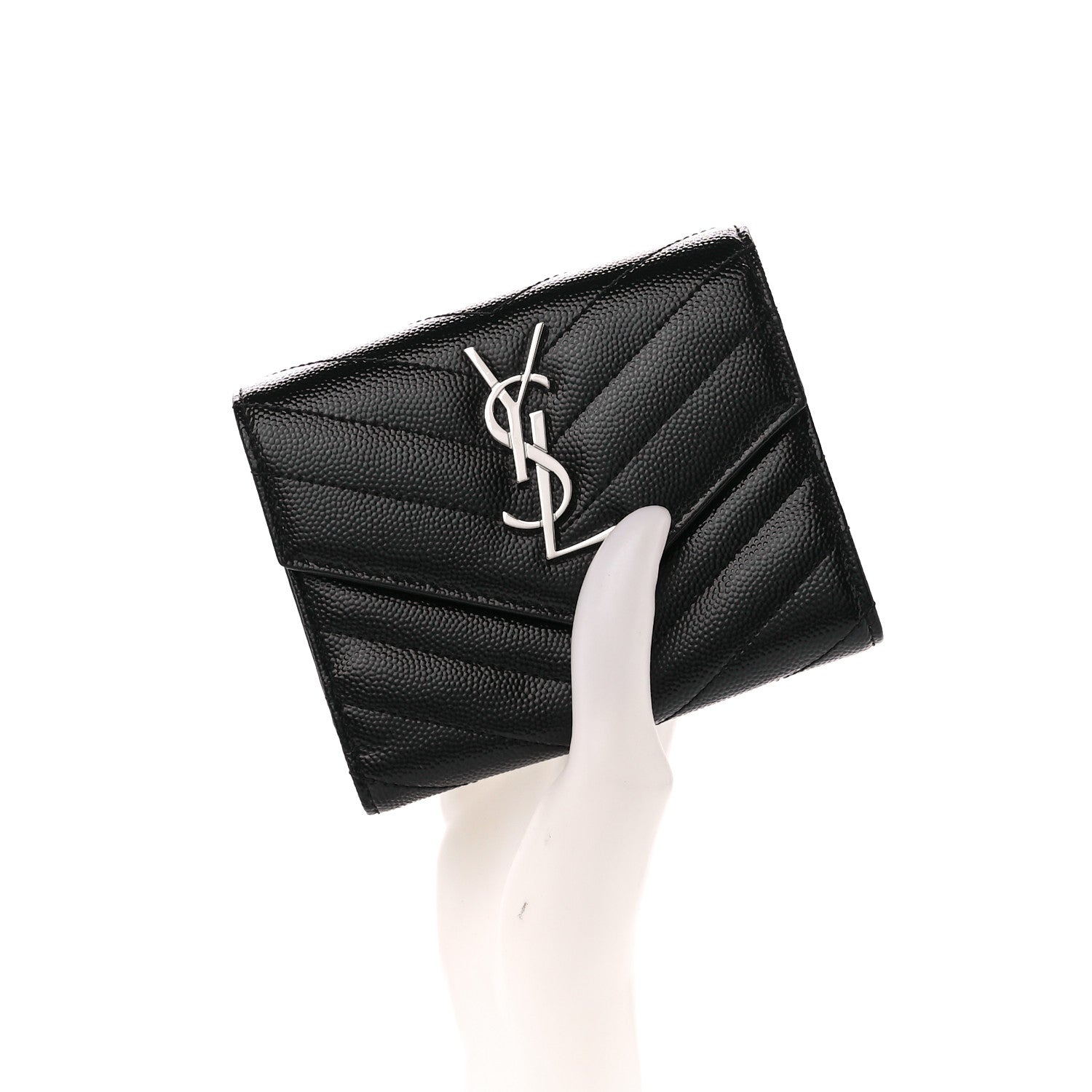 Saint Laurent Grain De Poudre Matelasse Chevron Monogram Compact Tri Fold Wallet Black 2 of 12