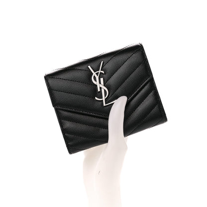 Saint Laurent Grain De Poudre Matelasse Chevron Monogram Compact Tri Fold Wallet Black 2 of 12
