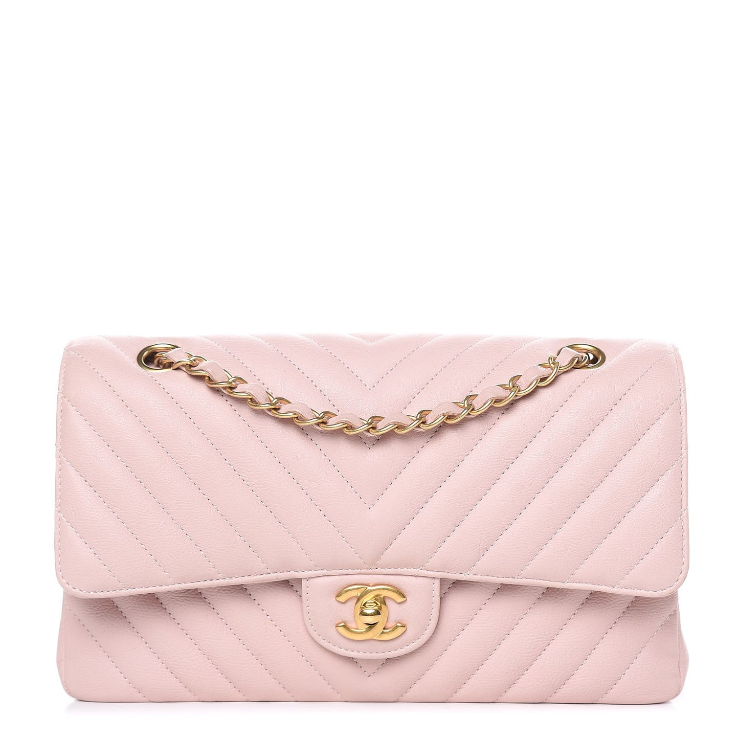 Calfskin Chevron Quilted Medium Double Flap Light Pink