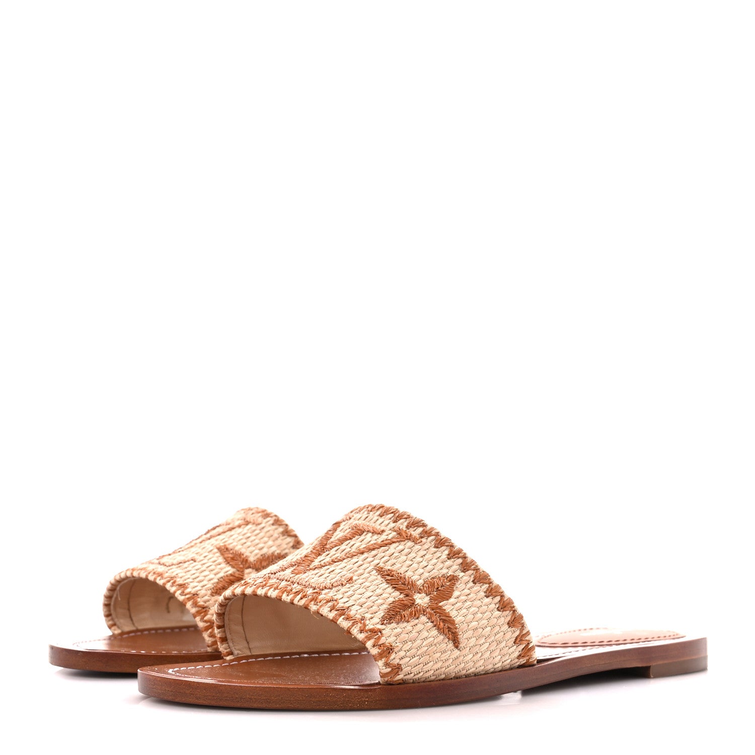 Louis Vuitton Raffia Calfskin Monogram Lock It Flat Mules 36.5 Cognac Brown 3 of 9