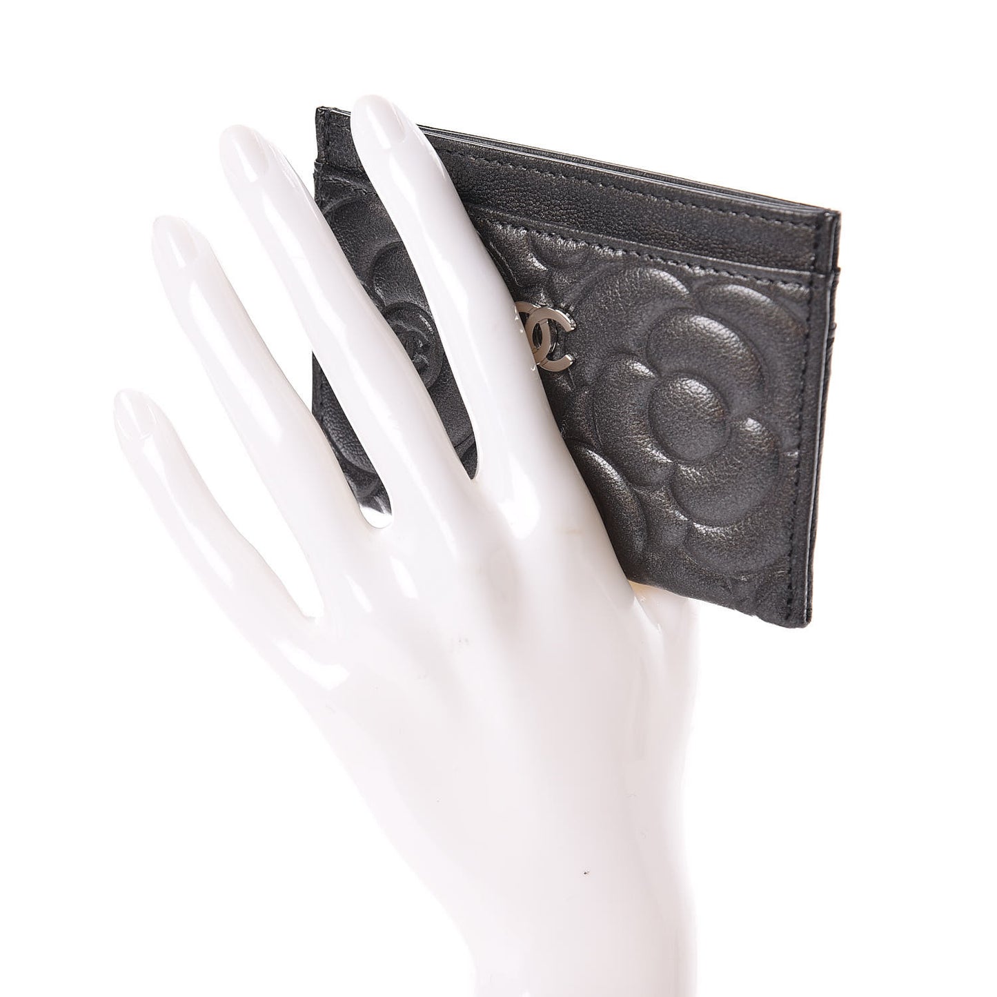 Goatskin Camellia Embossed Card Holder Anthracite