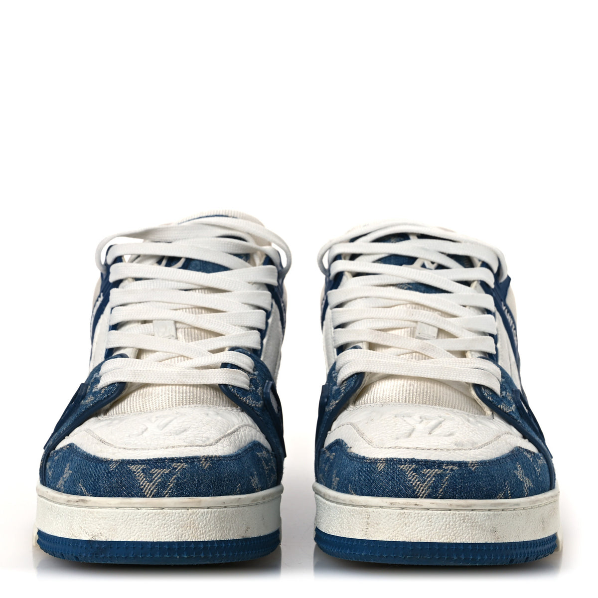 Calfskin Embossed Monogram Denim Mens LV Trainer Sneakers 7.5 Blue