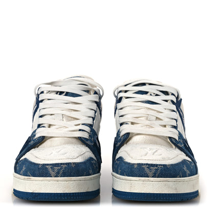 Louis Vuitton Calfskin Embossed Monogram Denim Mens LV Trainer Sneakers 7.5 Blue 3 of 16