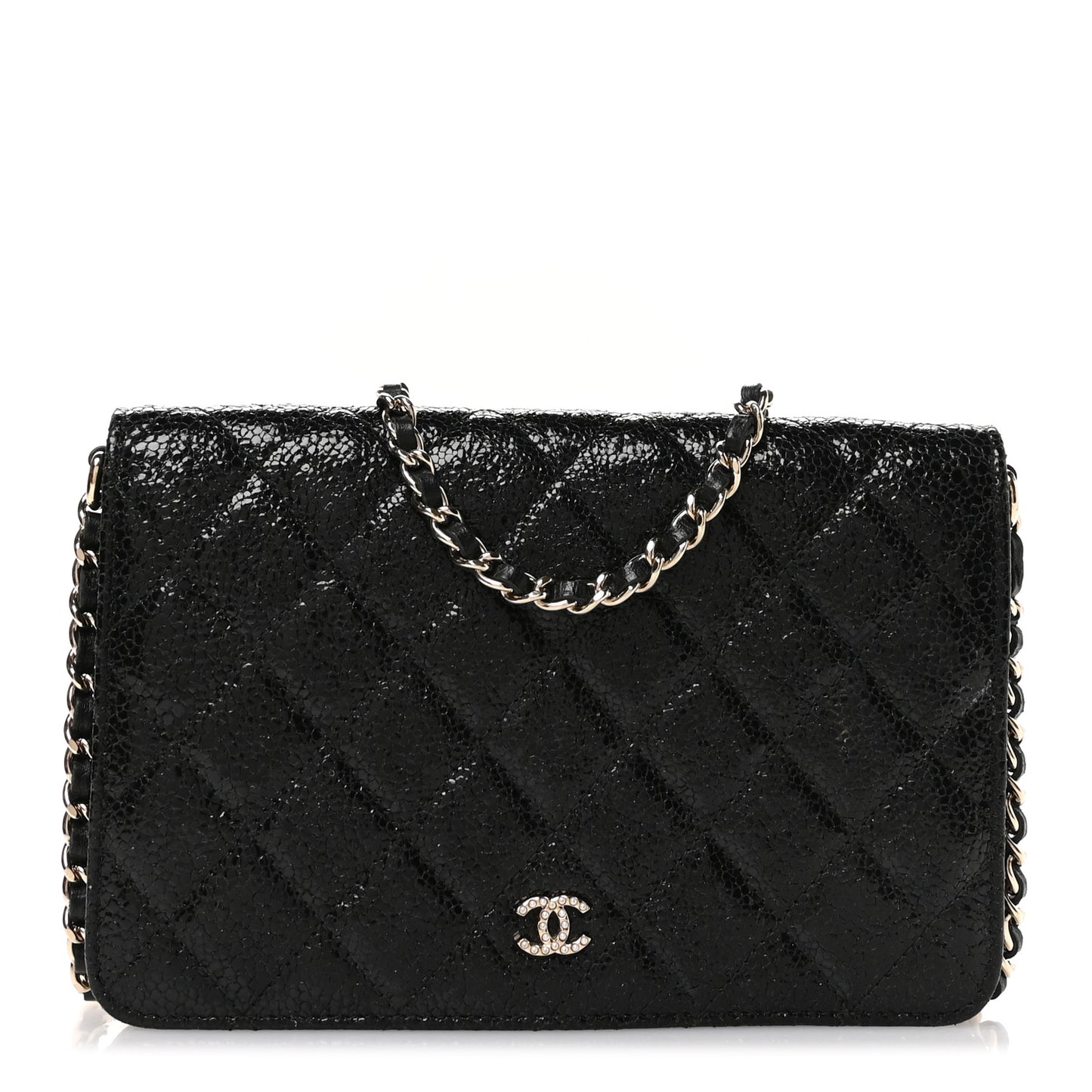 Crackled Patent Calfskin Quilted Pearl Wallet On Chain WOC Black