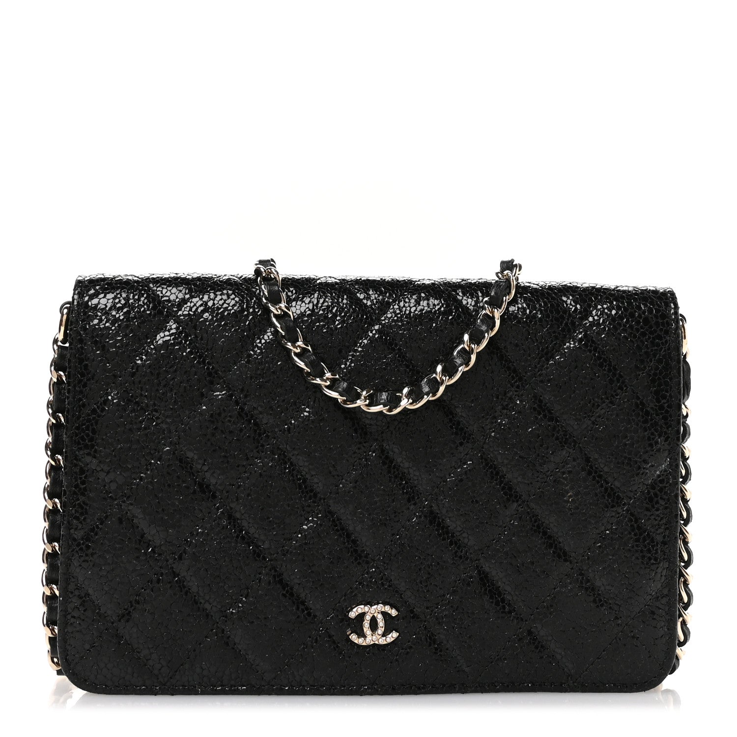 Chanel Crackled Patent Calfskin Quilted Pearl Wallet On Chain WOC Black 1 of 13