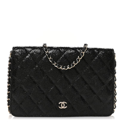 Chanel Crackled Patent Calfskin Quilted Pearl Wallet On Chain WOC Black 1 of 13
