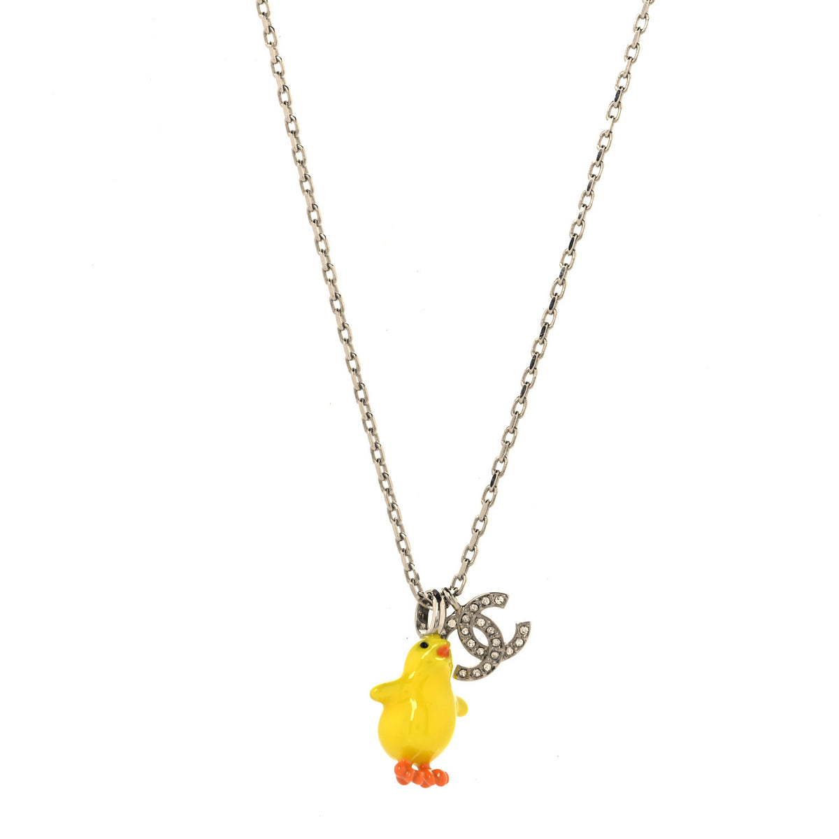 Chanel Metal Resin Strass Crystal CC Baby Chick Pendant Necklace Silver Yellow Orange 1 of 5