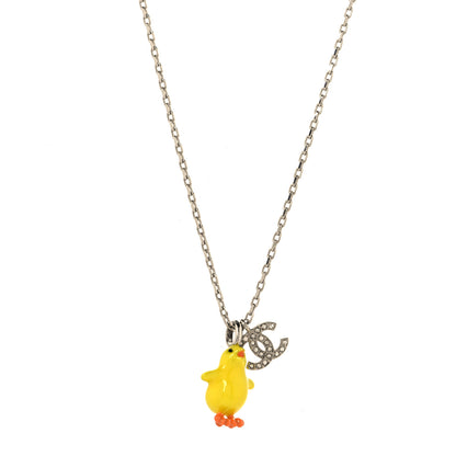 Chanel Metal Resin Strass Crystal CC Baby Chick Pendant Necklace Silver Yellow Orange 1 of 5