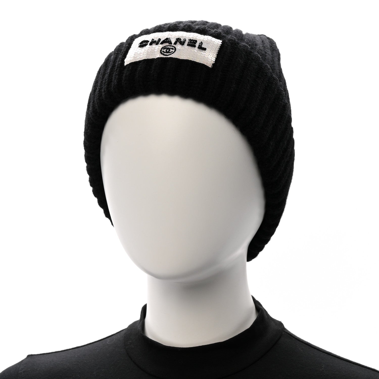 Chanel Cashmere Beaded Sequin Logo Beanie Hat Black 2 of 5