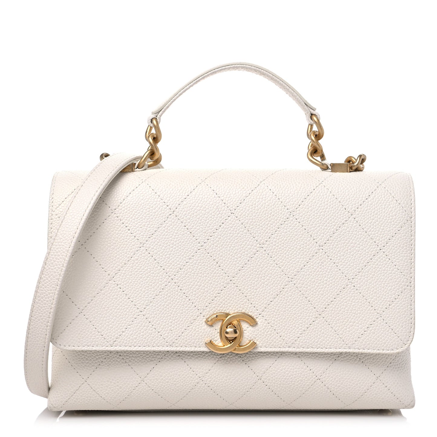 Caviar Diamond Stitched Small Top Handle Flap White