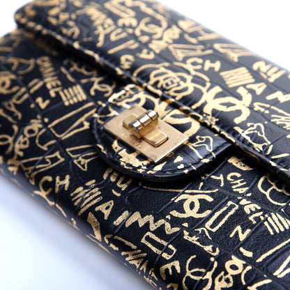 Chanel Calfskin Crocodile Embossed Graffiti 2.55 Cocodile Reissue Long Flap Black Gold 10 of 14
