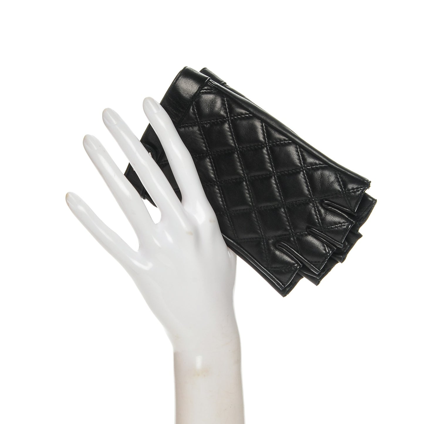 Lambskin Quilted Fingerless CC Turn Lock Gloves 8 Black