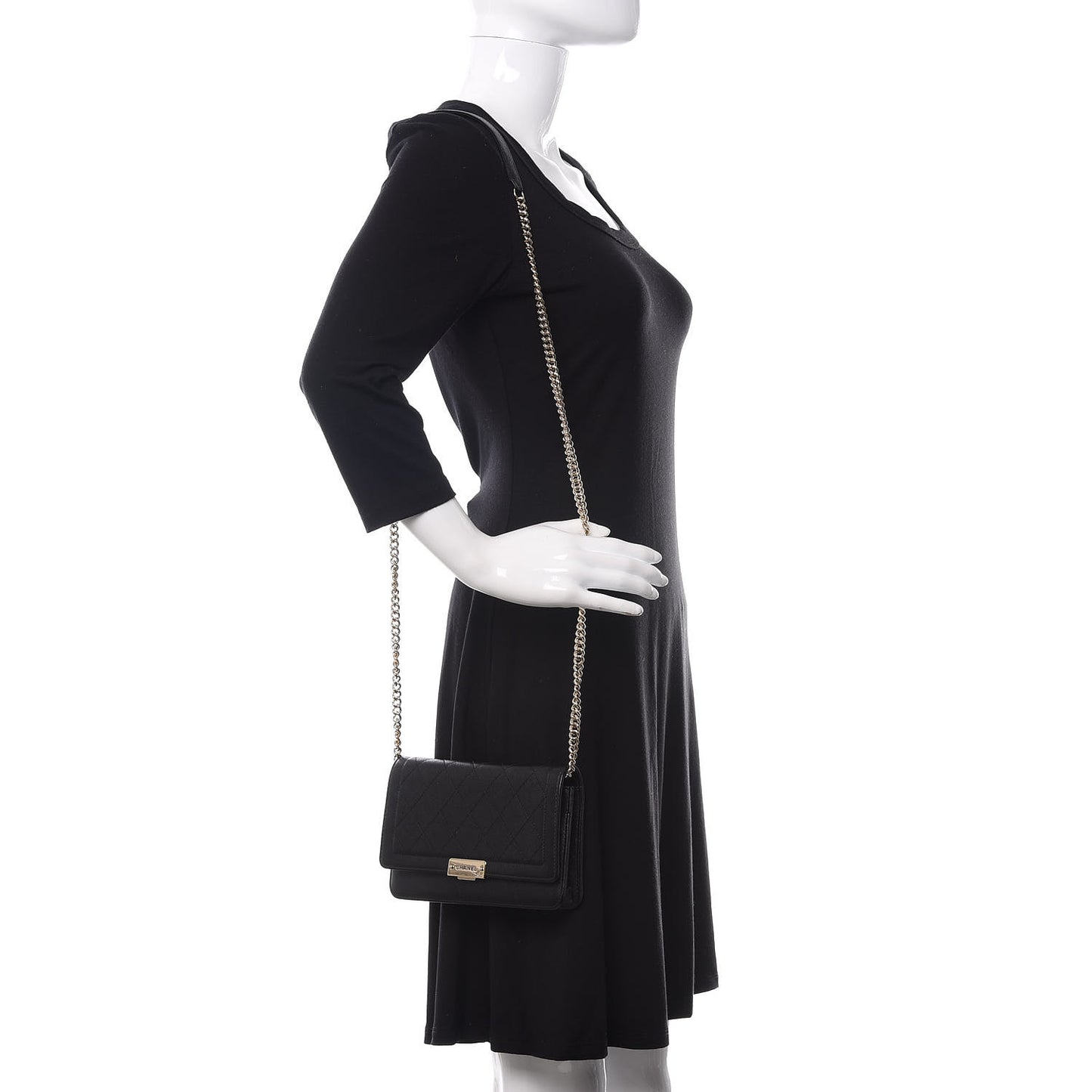 Grained Calfskin Quilted Label Click Flap Wallet On Chain WOC Black