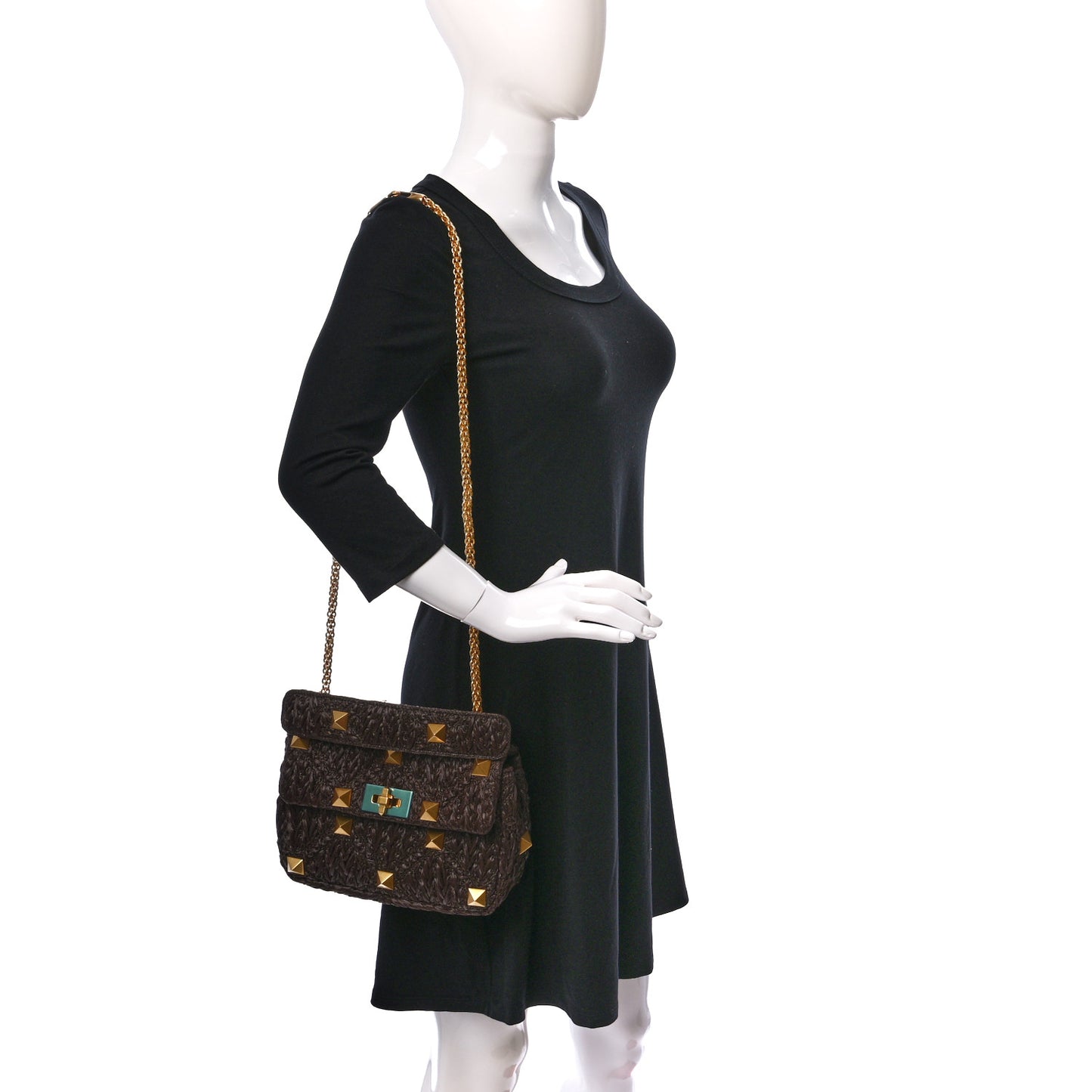 Raffia Effect Medium Roman Stud Shoulder Bag Fondant