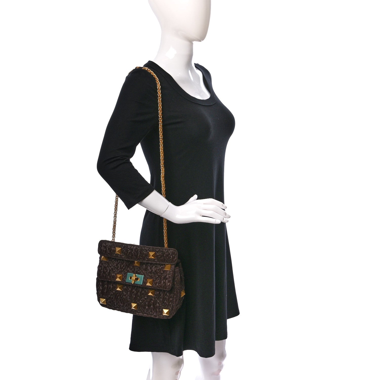 Valentino Garavani Raffia Effect Medium Roman Stud Shoulder Bag Fondant 2 of 8