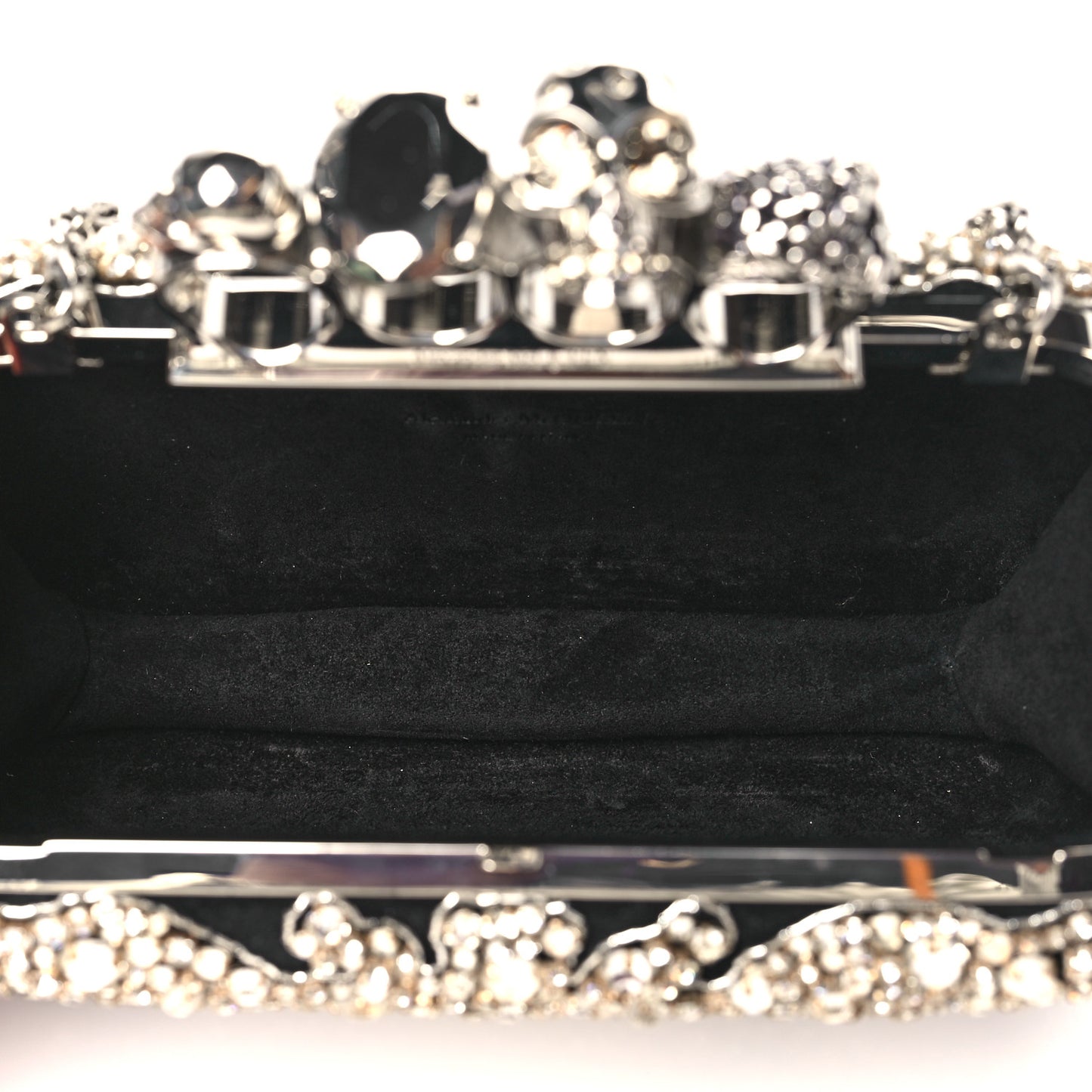 Suede Crystal Skull Knuckle Chain Box Clutch Black