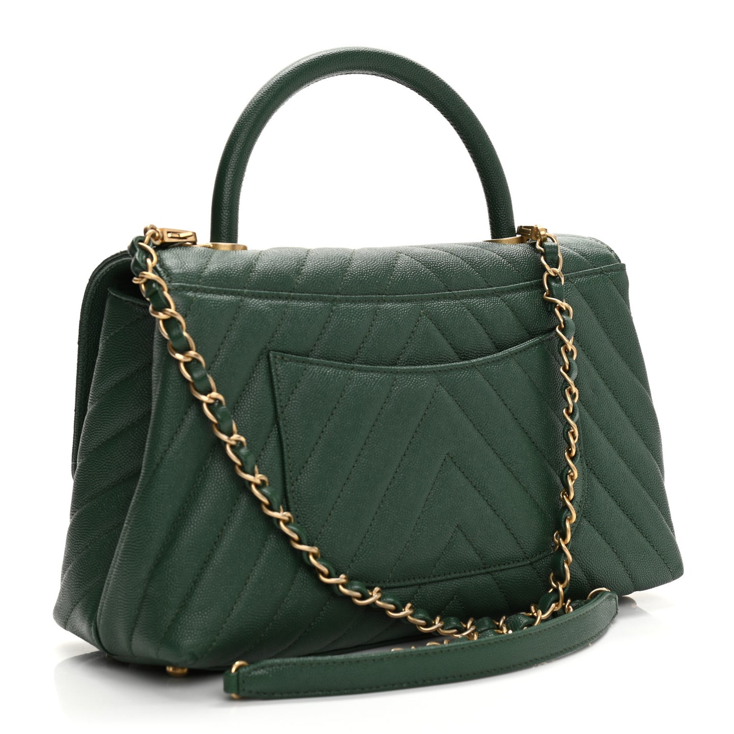 Caviar Chevron Quilted Small Coco Handle Flap Green