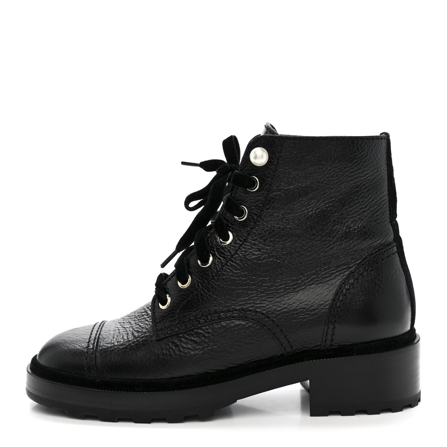 Shiny Calfskin Velvet Pearl Combat Short Boots 38 Black