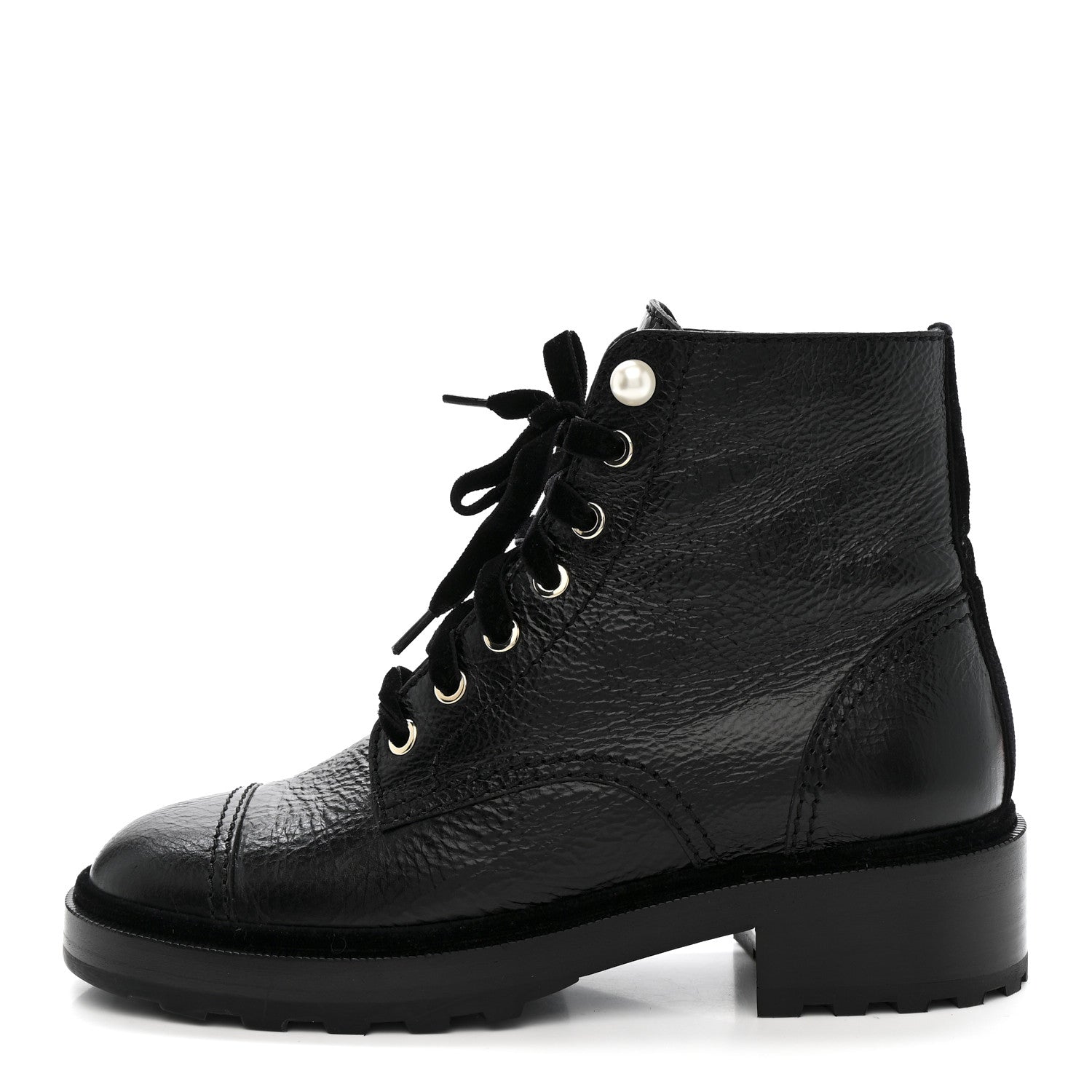Chanel Shiny Calfskin Velvet Pearl Combat Short Boots 38 Black 1 of 10