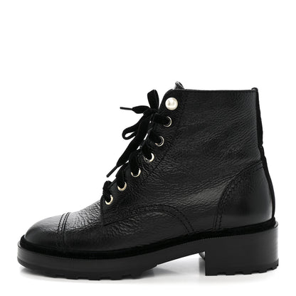 Chanel Shiny Calfskin Velvet Pearl Combat Short Boots 38 Black 1 of 10