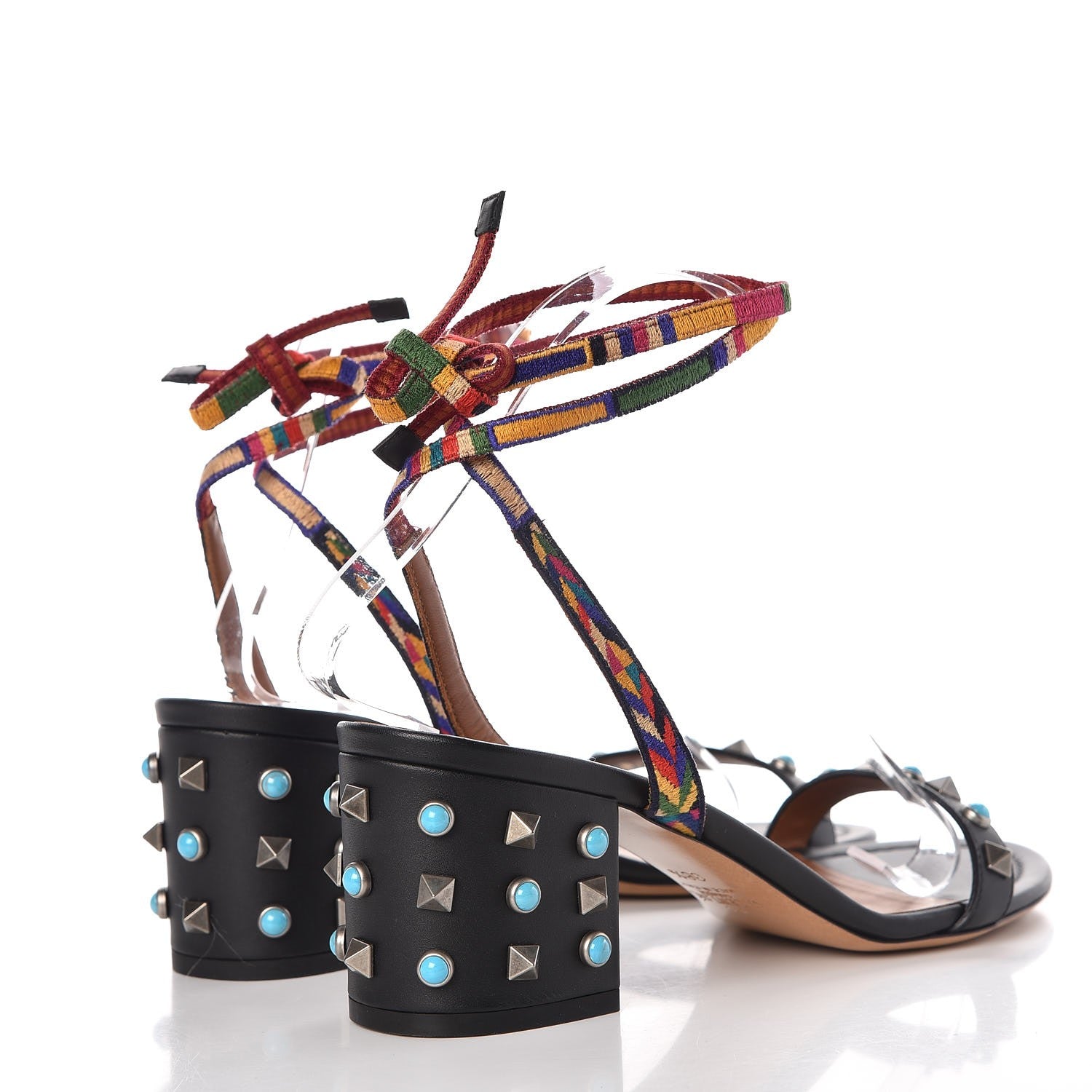 Valentino Garavani Calfskin Embroidered Rockstud Rolling Wrap Sandals 38.5 Black Multicolor 4 of 8