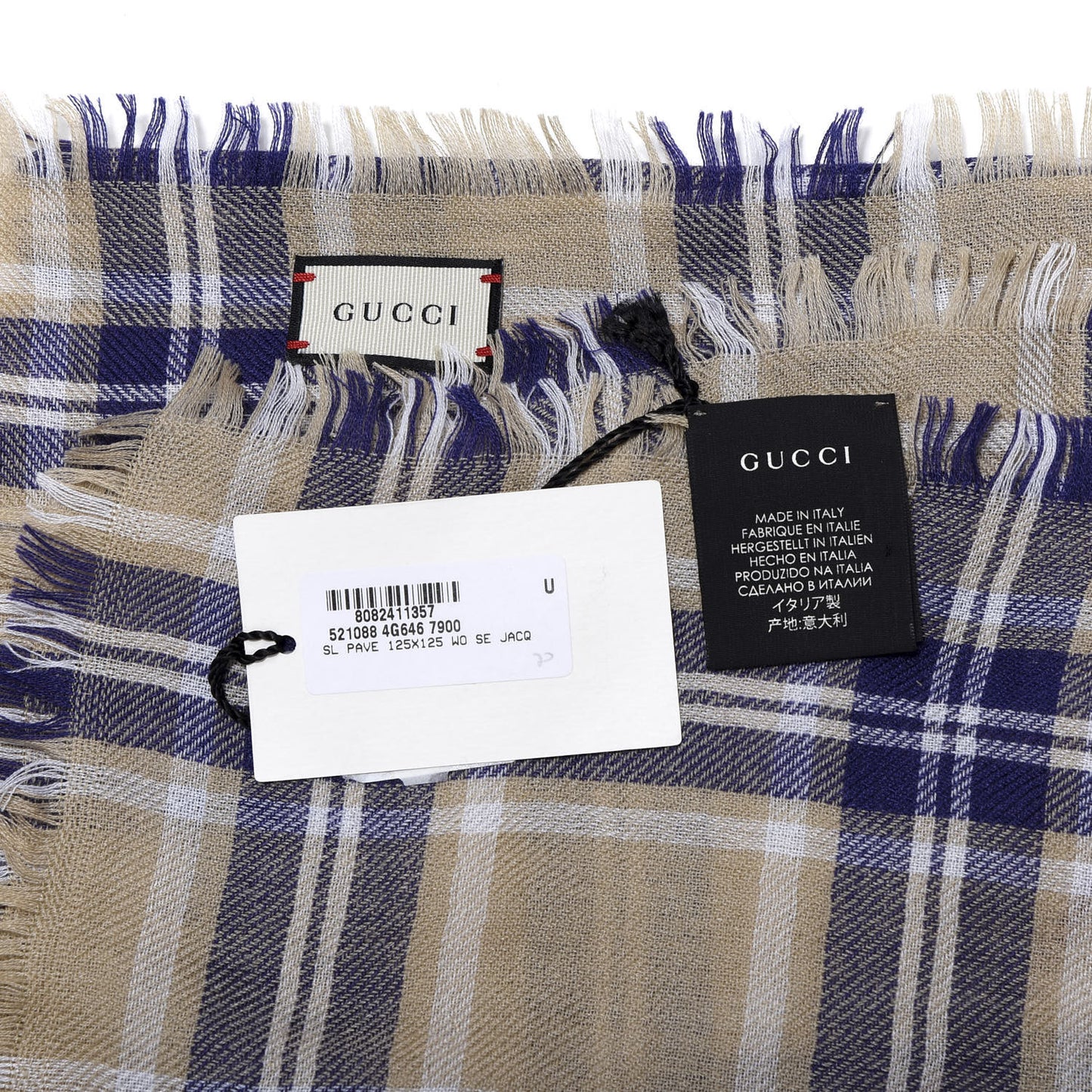 Wool Tiger Embroidered Plaid Scarf Beige Navy
