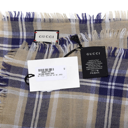 Gucci Wool Tiger Embroidered Plaid Scarf Beige Navy 3 of 3