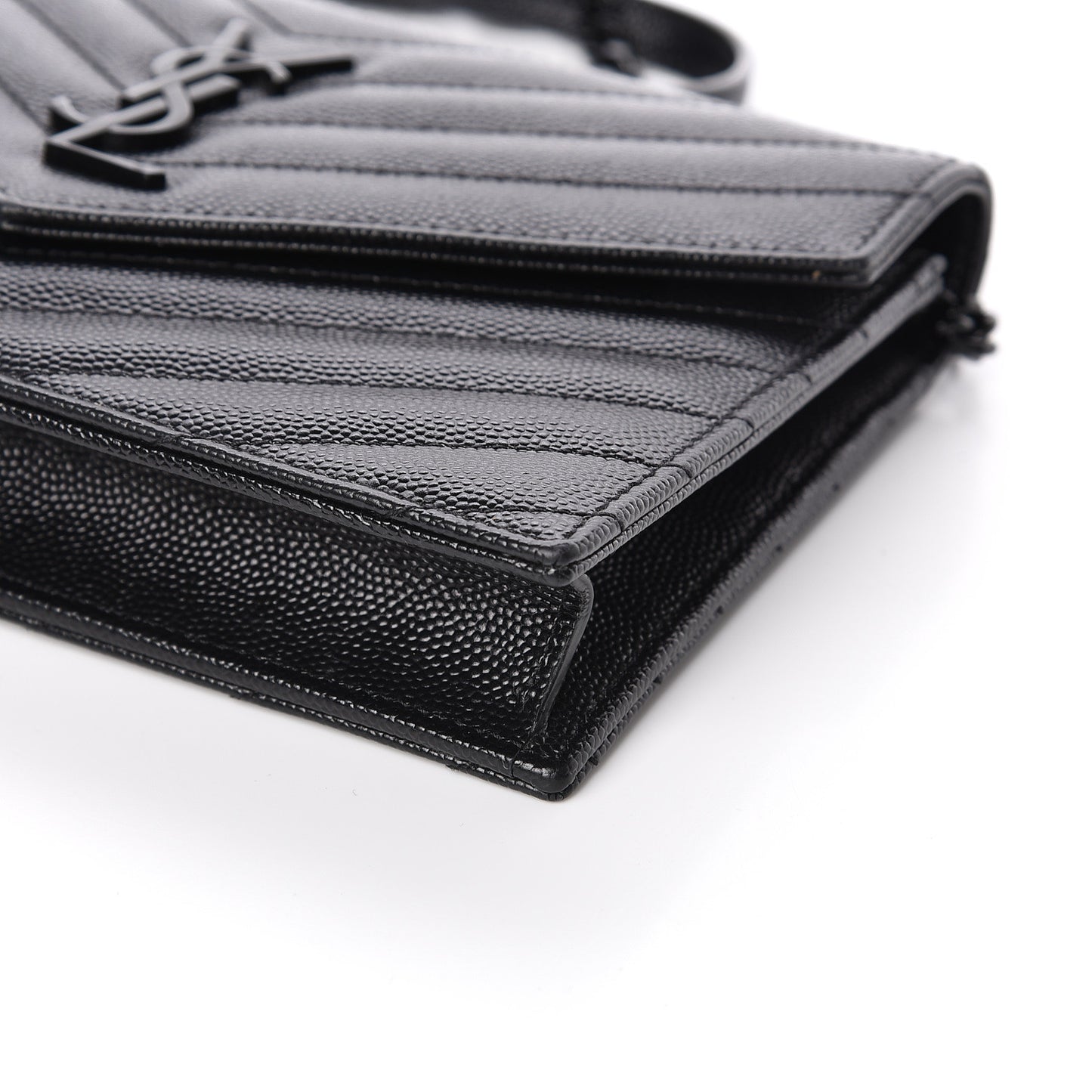 Grain De Poudre Matelasse Chevron Monogram Envelope Chain Wallet Black