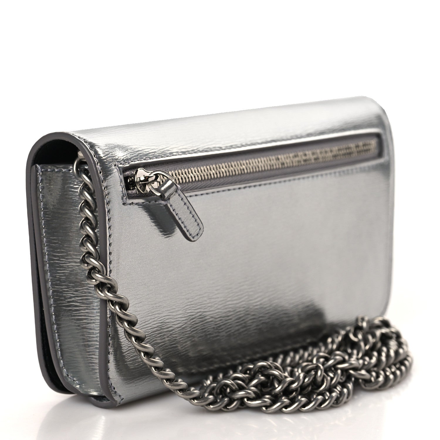 Balenciaga Metallic Grained Calfskin BB Phone Holder Wallet On Chain Silver 2 of 7