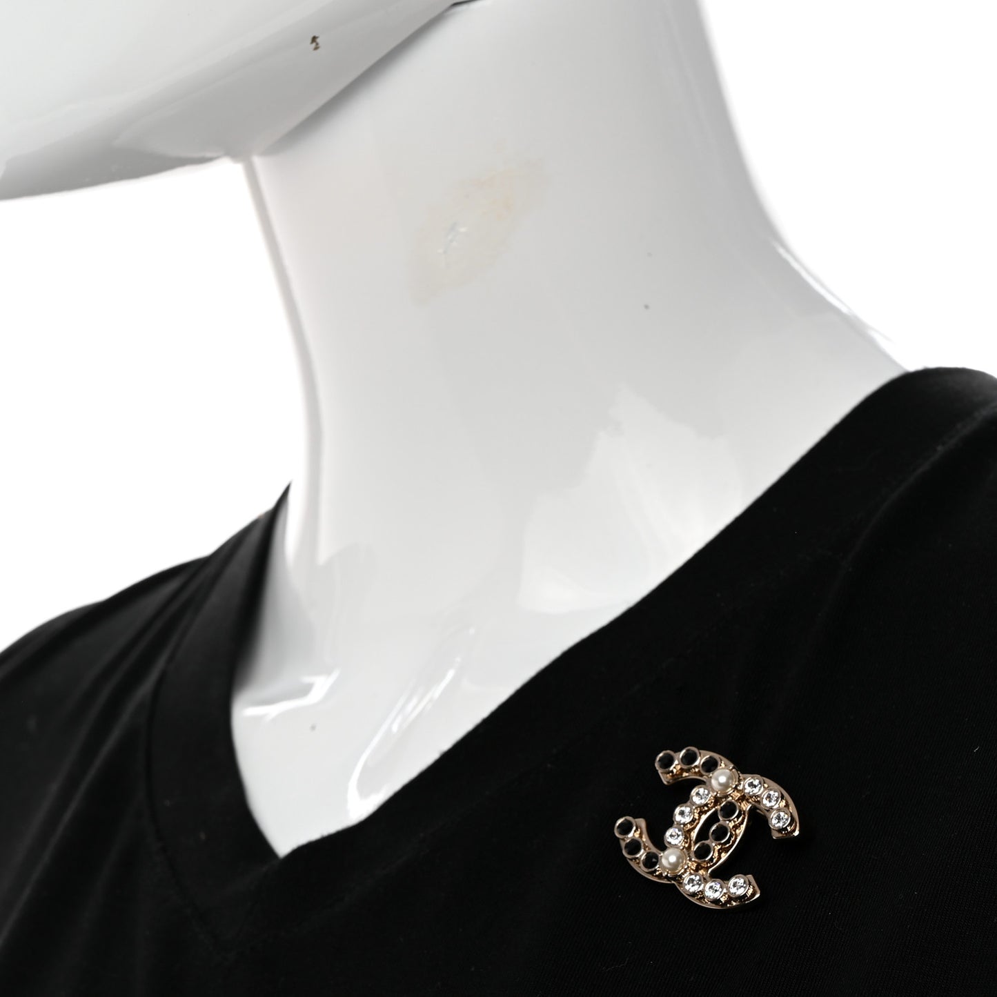 Crystal Pearl CC Brooch Gold Black