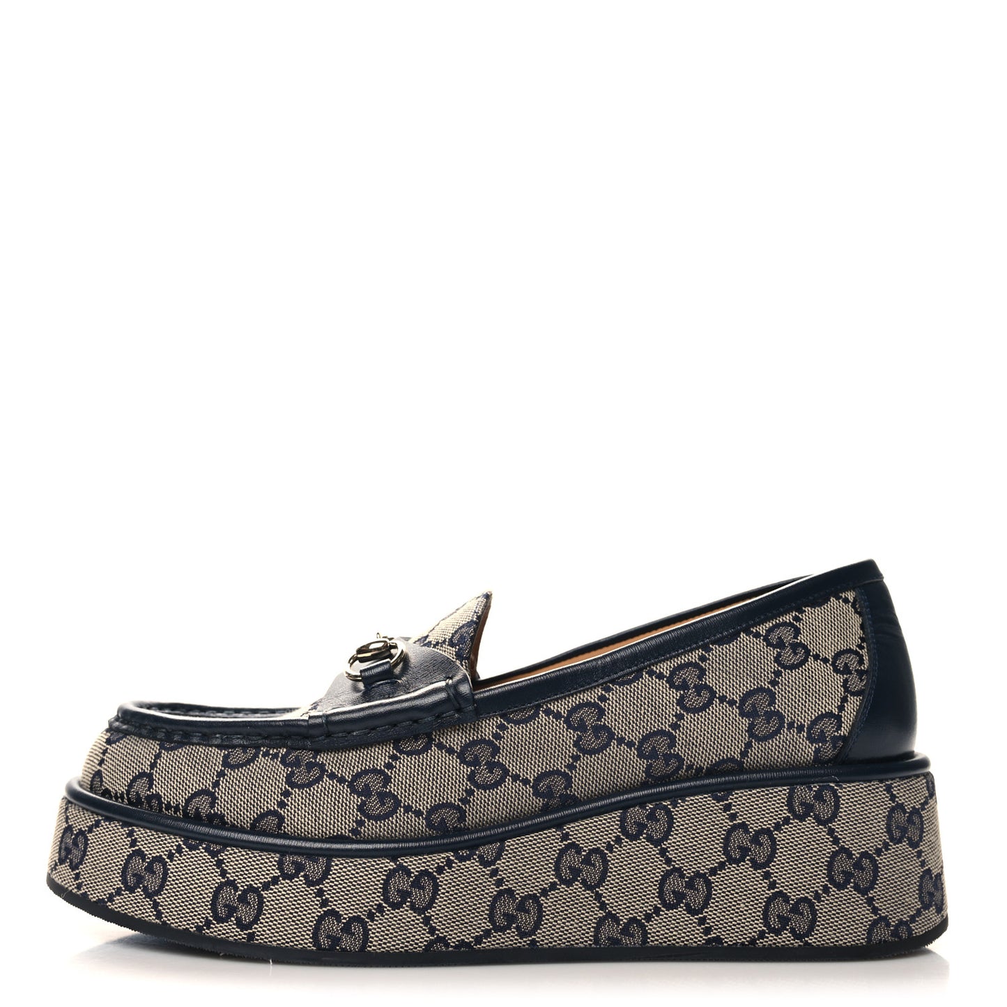 Monogram Horsebit Calfskin Womens Horsebit Wedge Platform Loafers 38.5 Beige Blue