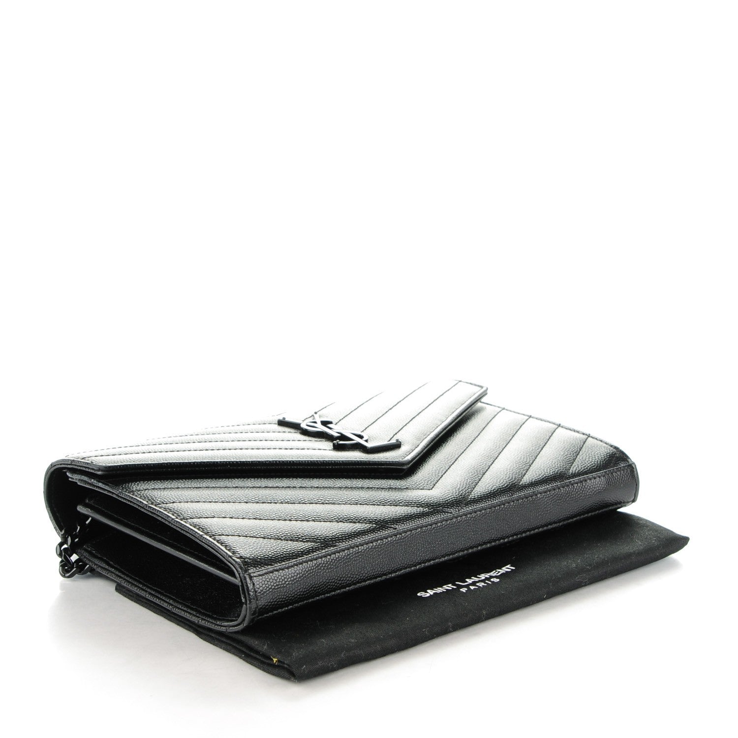 Saint Laurent Grain De Poudre Matelasse Chevron Monogram Chain Wallet Black 4 of 8