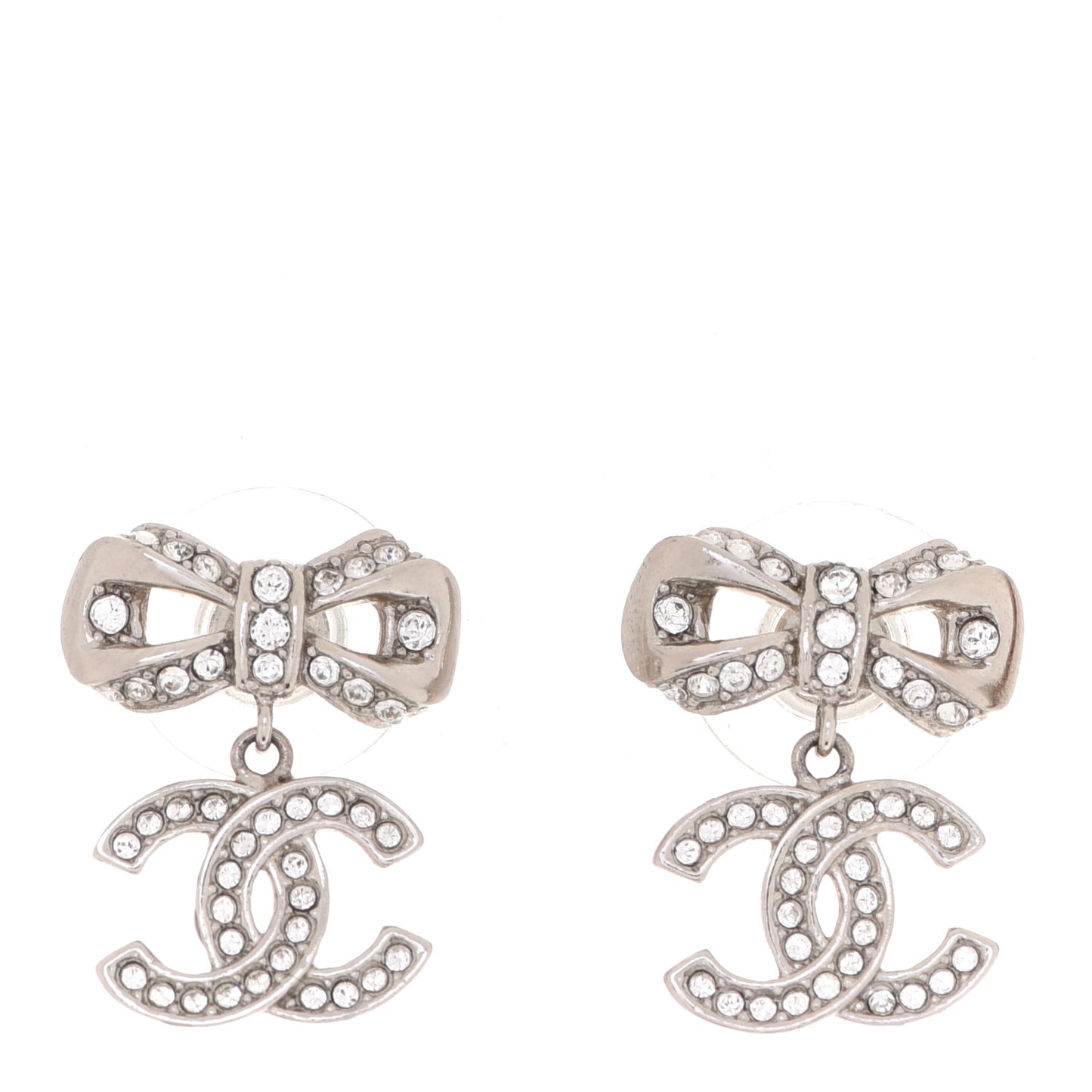 Crystal CC Bow Dangle Earrings Silver