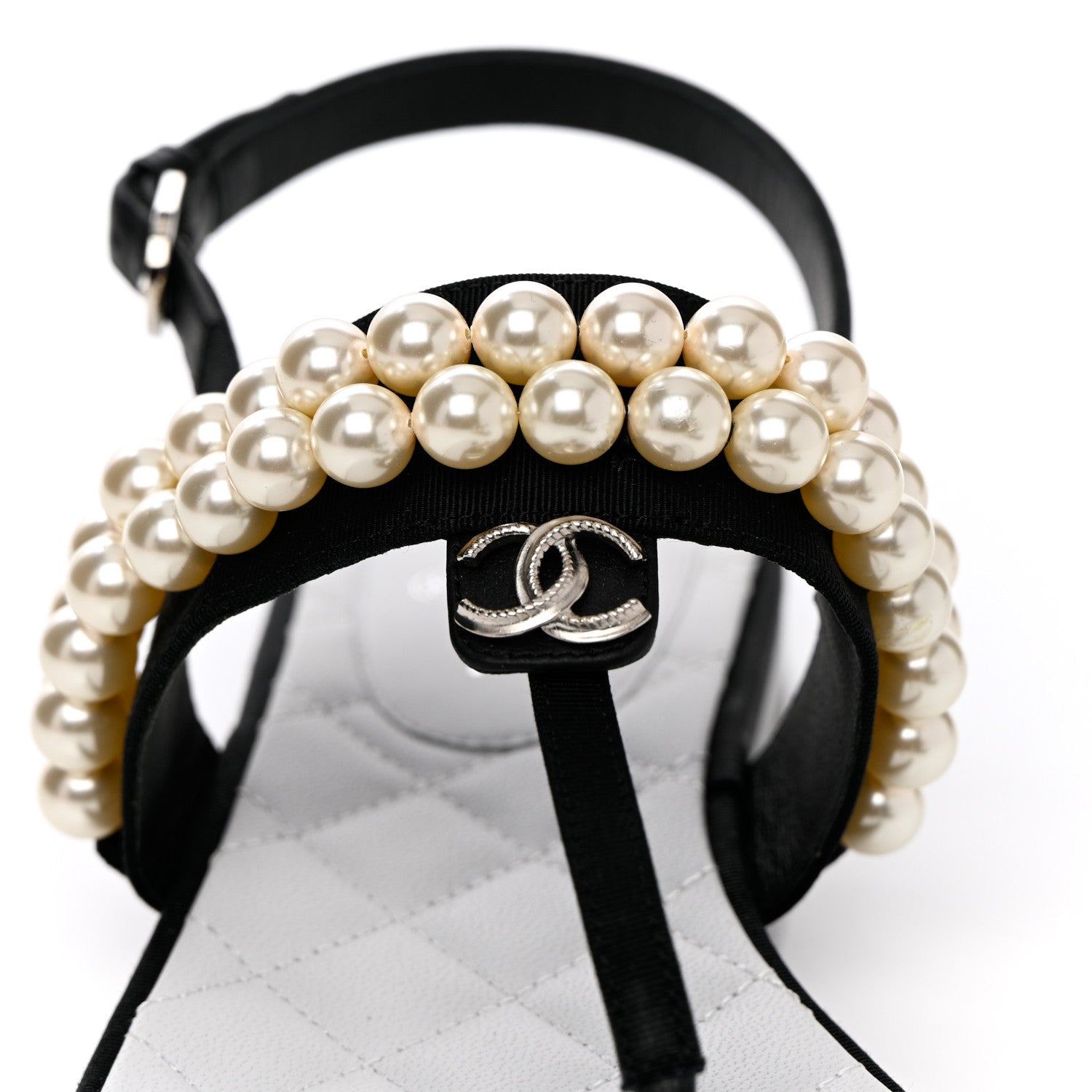 Chanel Grosgrain Pearl CC Sandals 37 Black 5 of 10
