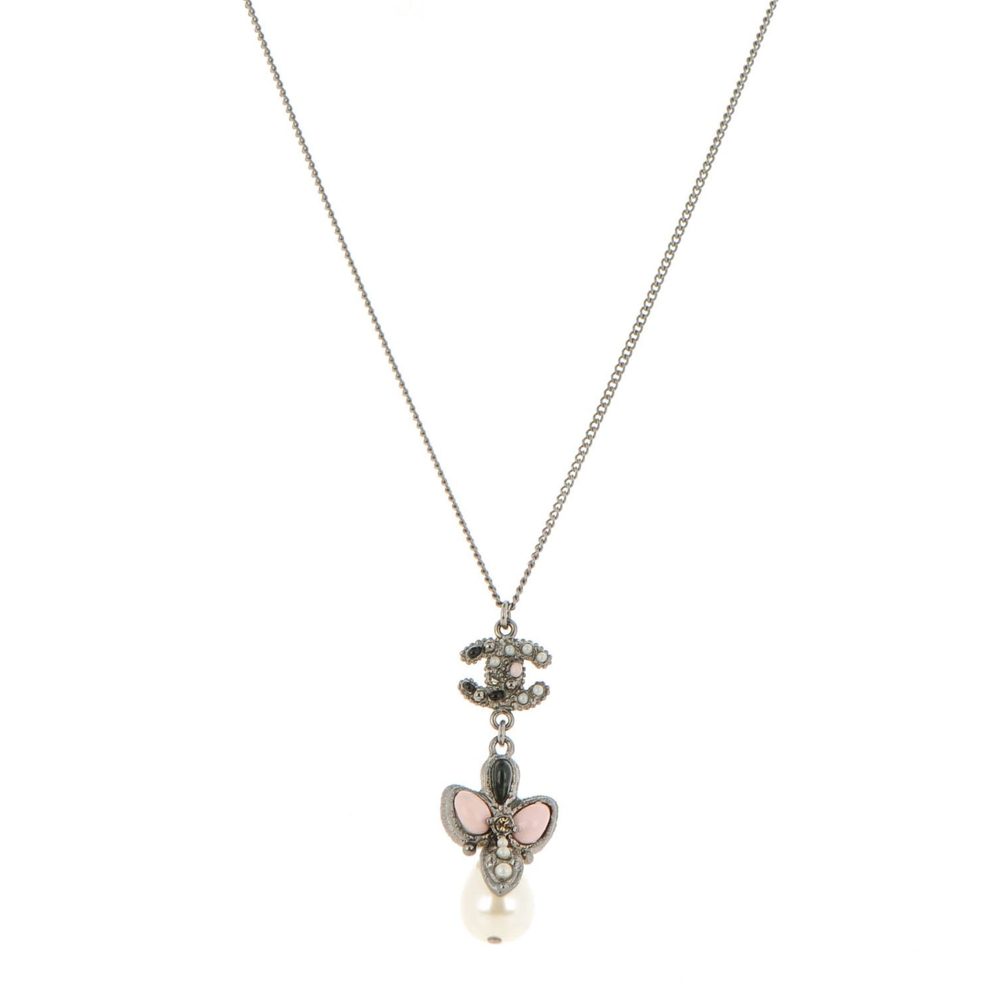 Enamel Pearl CC Pendant Necklace Silver
