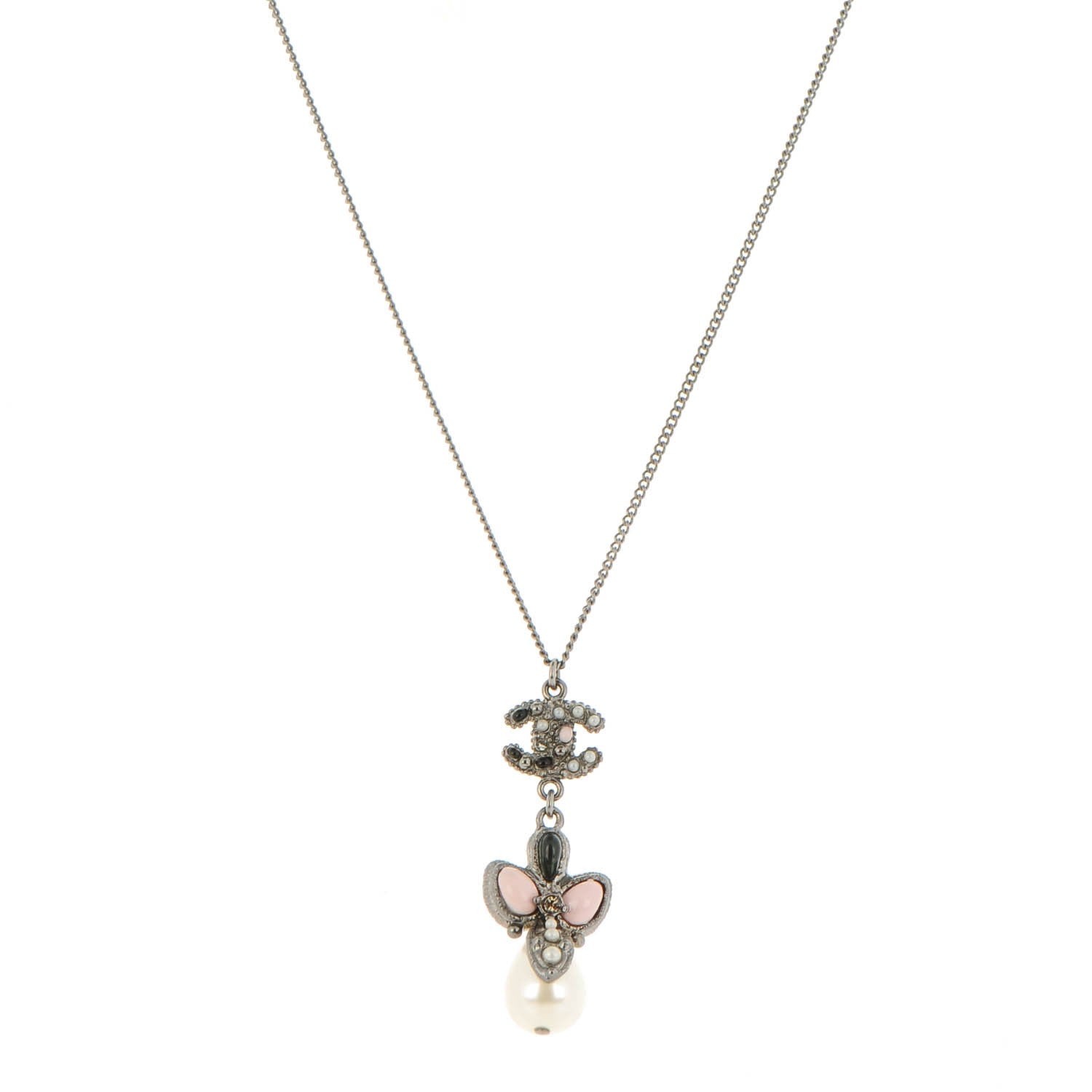Chanel Enamel Pearl CC Pendant Necklace Silver 1 of 5