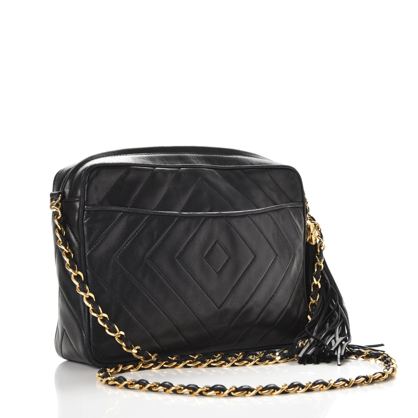 Lambskin Chevron Quilted Tassel Camera Case Black