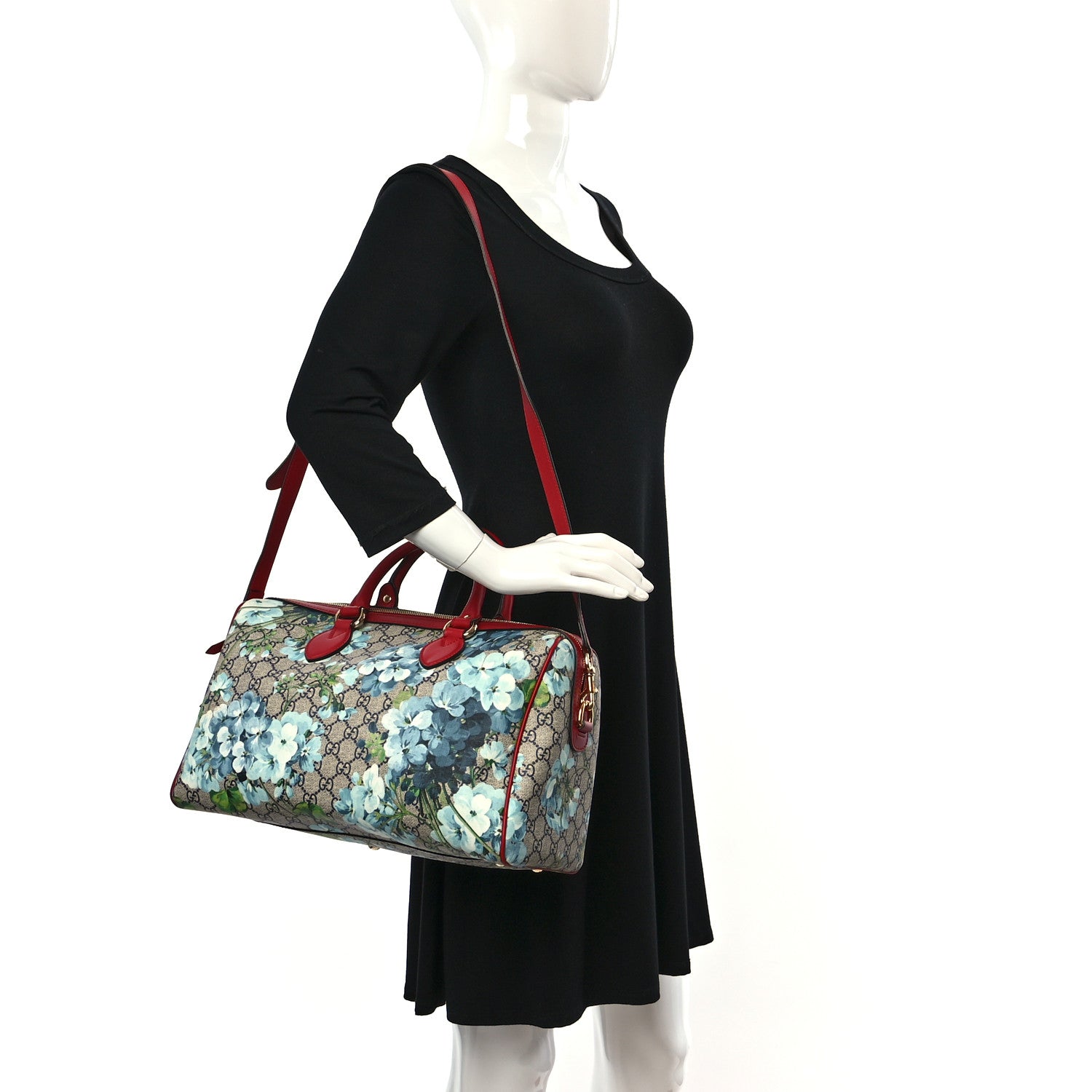 Gucci GG Supreme Monogram Blooms Medium Boston Beige Blue Navy Hibiscus Red 2 of 10