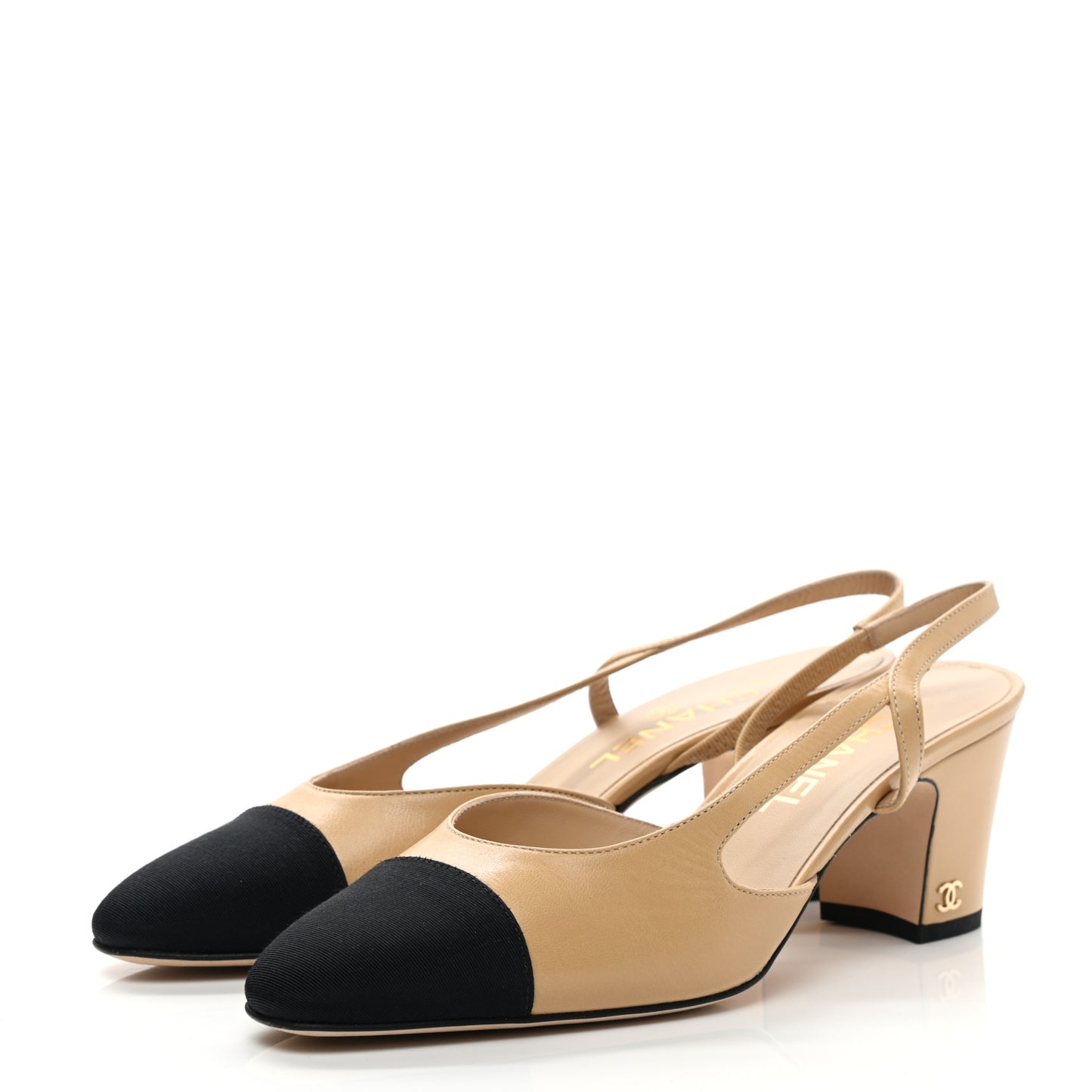 Goatskin Grosgrain Cap Toe CC Slingback Pumps 38.5 Beige Black