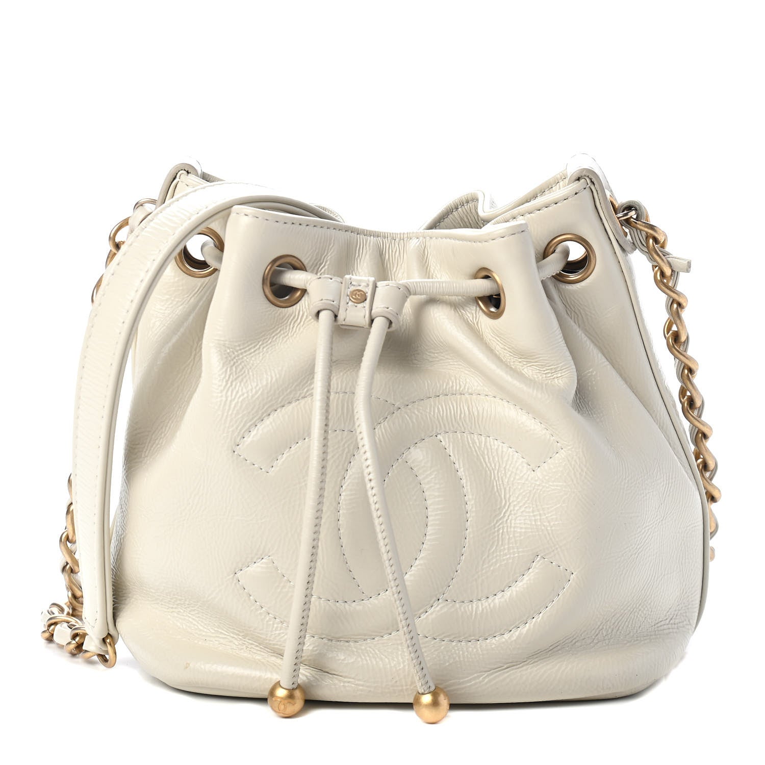 Chanel Shiny Aged Calfskin CC Chain Mini Drawstring Bag White 1 of 4