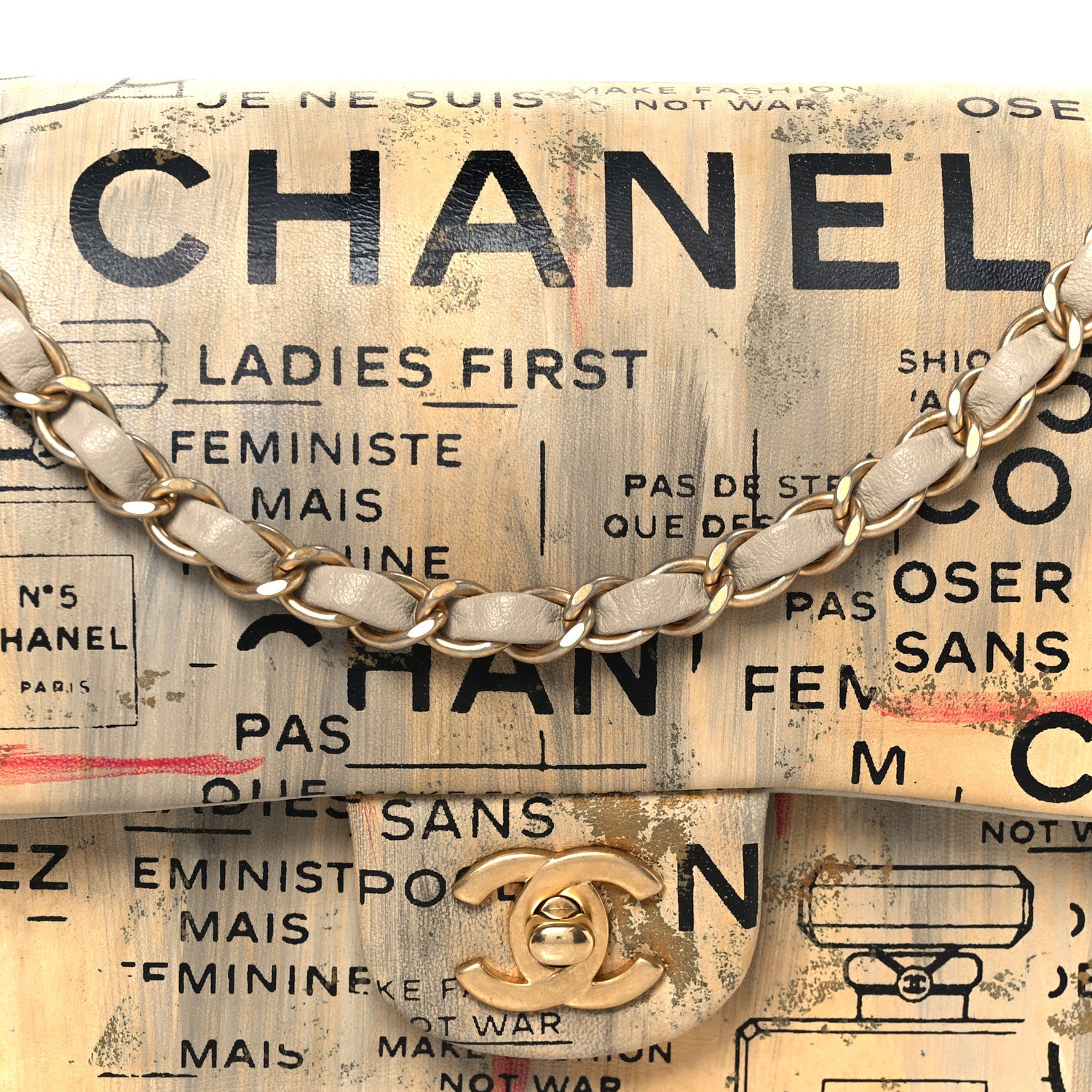 Chanel Lambskin Painted Feministe Newsprint Medium Double Flap
