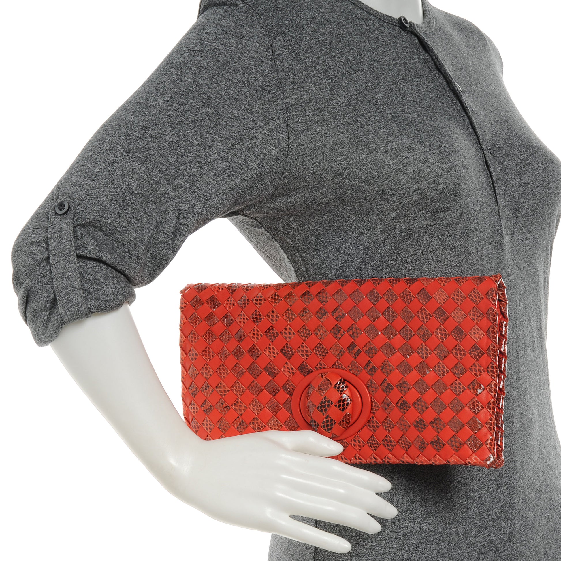 Bottega Veneta Snakeskin Intrecciato Turnlock Clutch Fire Red 2 of 8