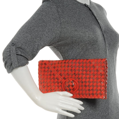 Bottega Veneta Snakeskin Intrecciato Turnlock Clutch Fire Red 2 of 8