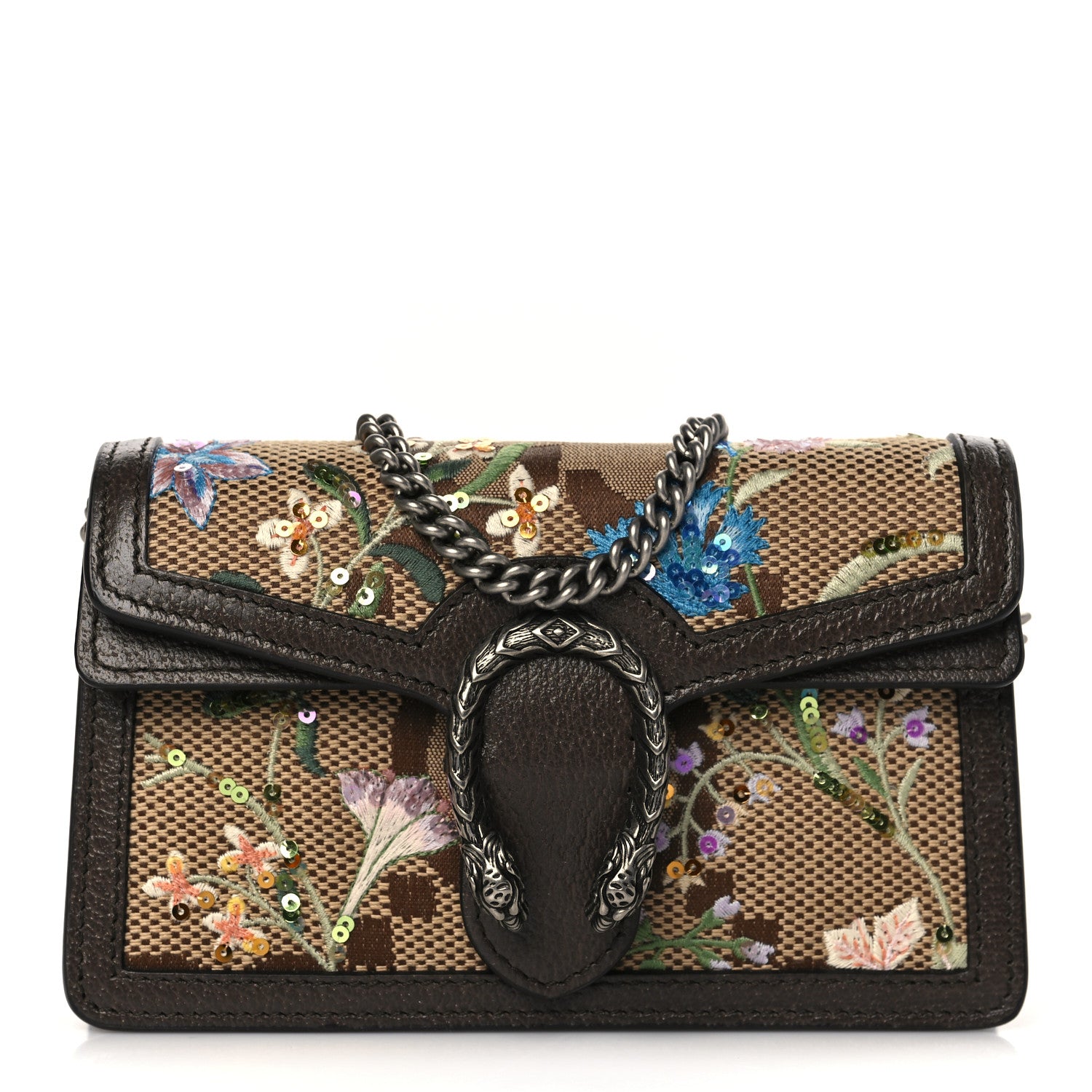 Gucci Monogram Jumbo GG Textured Dollar Calfskin Embroidered Super Mini Dionysus Shoulder Bag Camel Ebony New Acero Multicolor 1 of 8