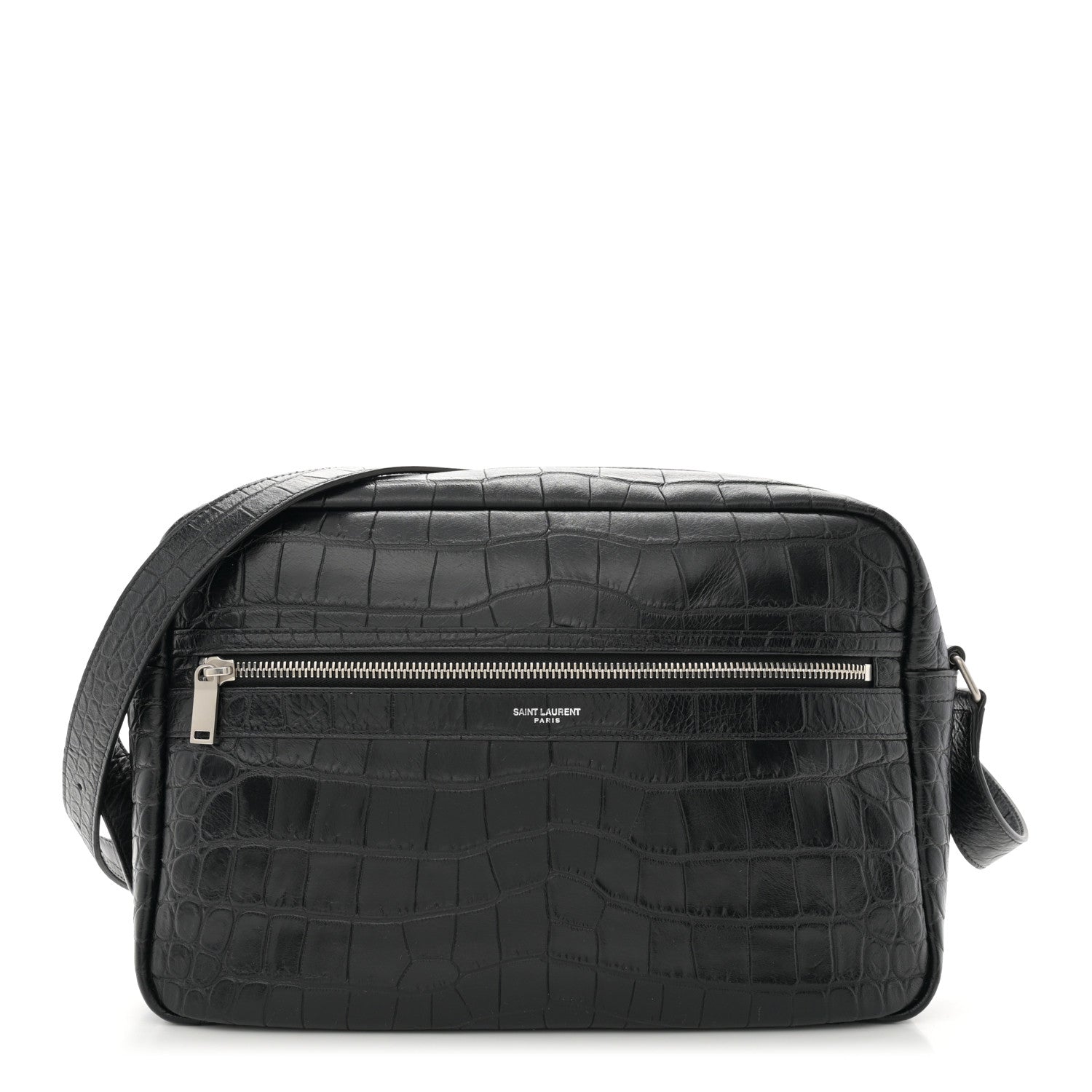 Saint Laurent Calfskin Crocodile Embossed Camp Camera Bag Black 1 of 11