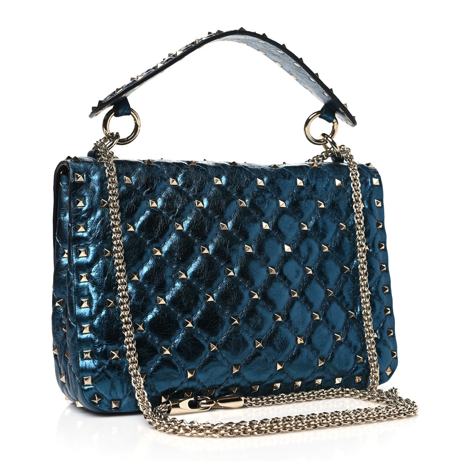 Valentino Garavani Metallic Wrinkled Lambskin Medium Rockstud Spike Shoulder Bag Peacock 3 of 11